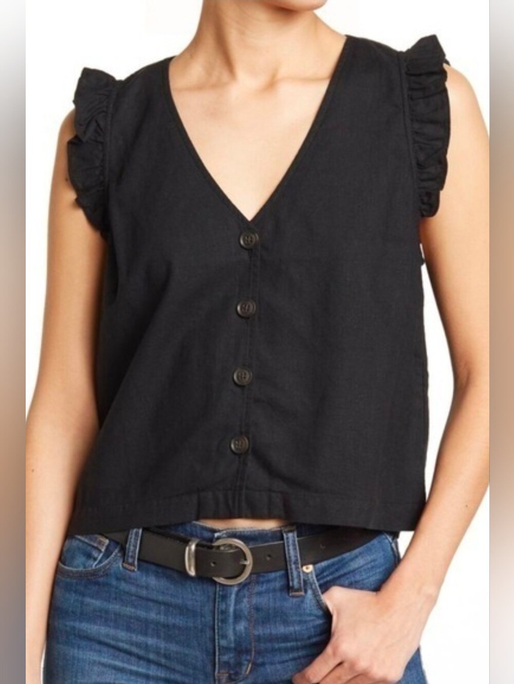 Madewell Black Ruffle Sleeve Button-Front V-Neck Top